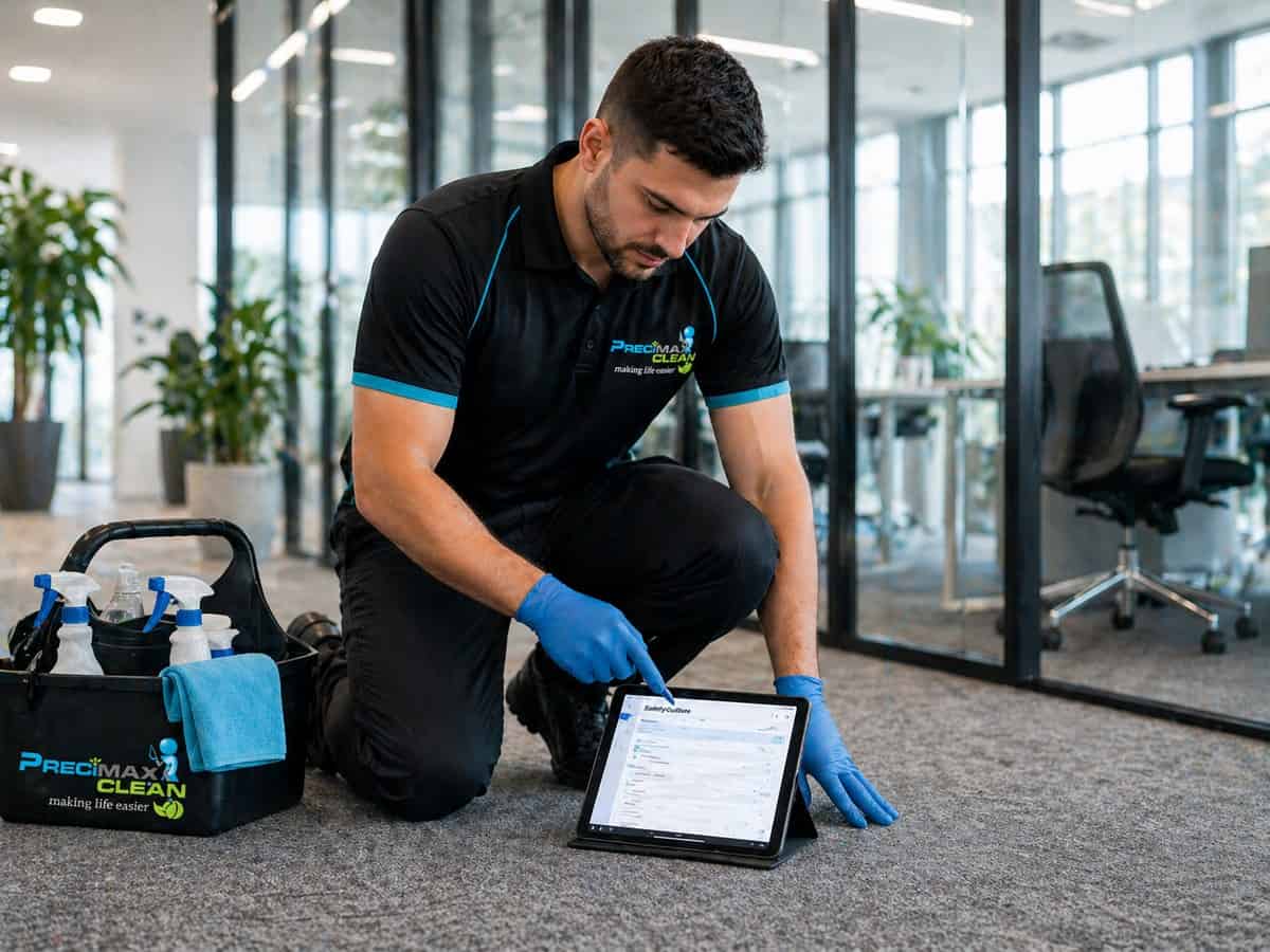 Commercial Cleaning Services Perth process — Precimax Clean cleaner using SafetyCulture inspection system