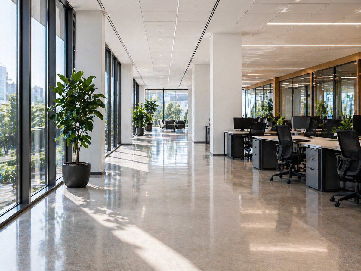 Pristine modern Perth commercial office interior — clean polished floors and natural light maintained by Precimax Clean