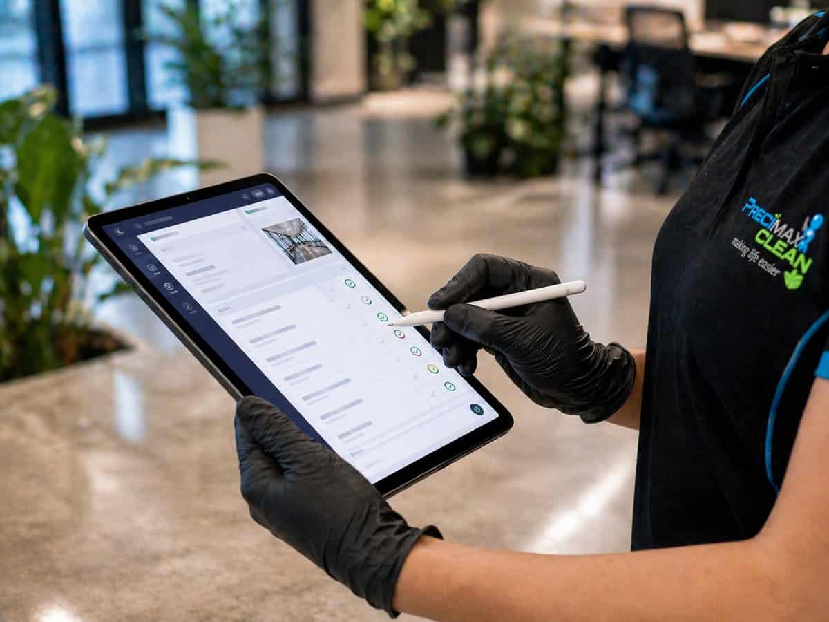Precimax Clean cleaner using digital tablet to complete SafetyCulture inspection record — every visit timestamped