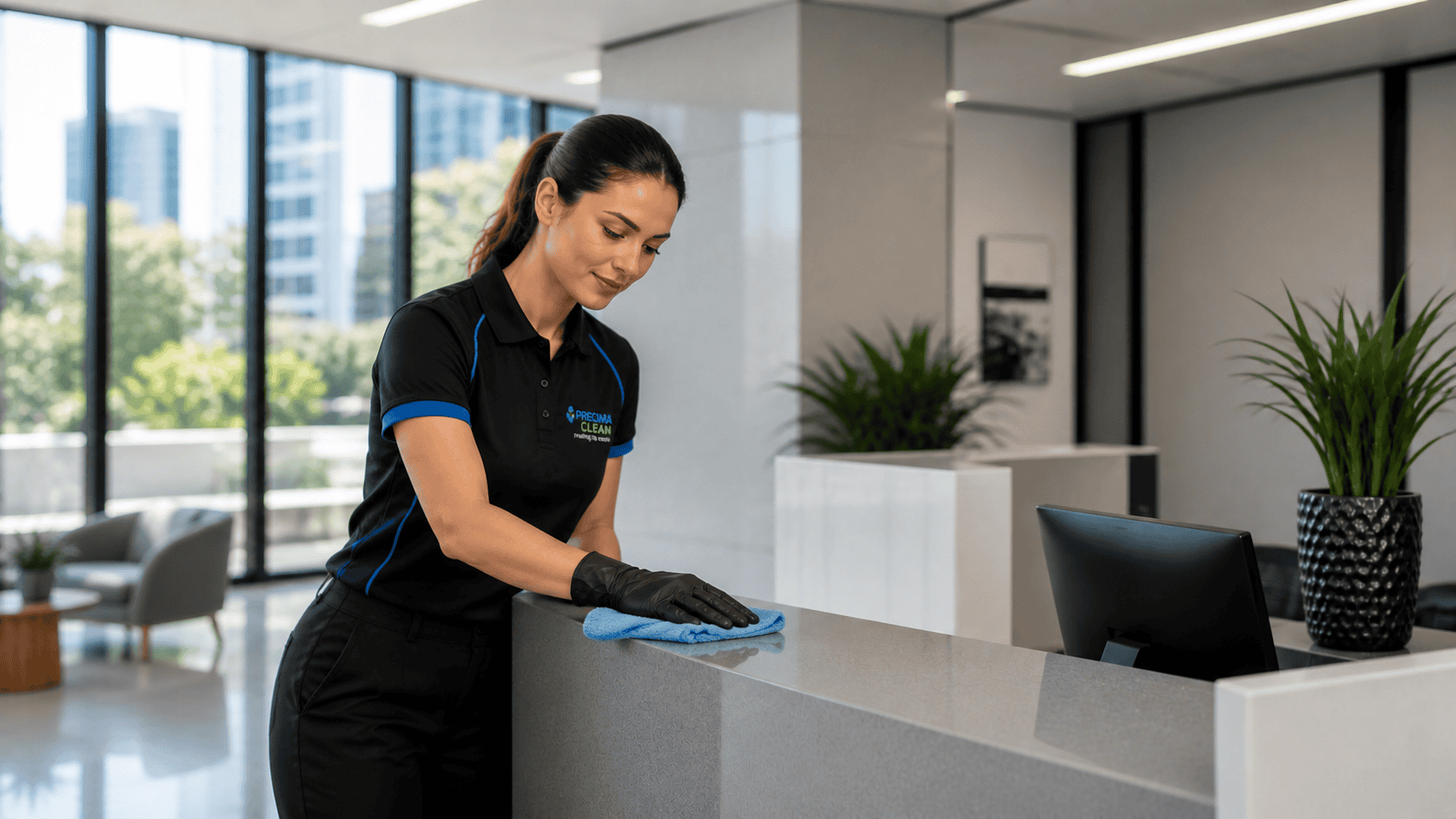 commercial cleaning Perth professional cleaner polishing office reception desk