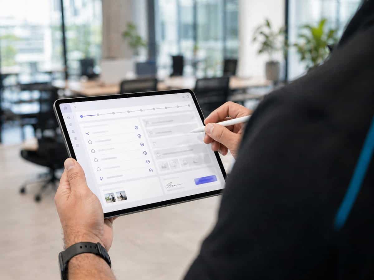 Precimax Clean supervisor reviewing digital inspection record on tablet — documented Perth standards
