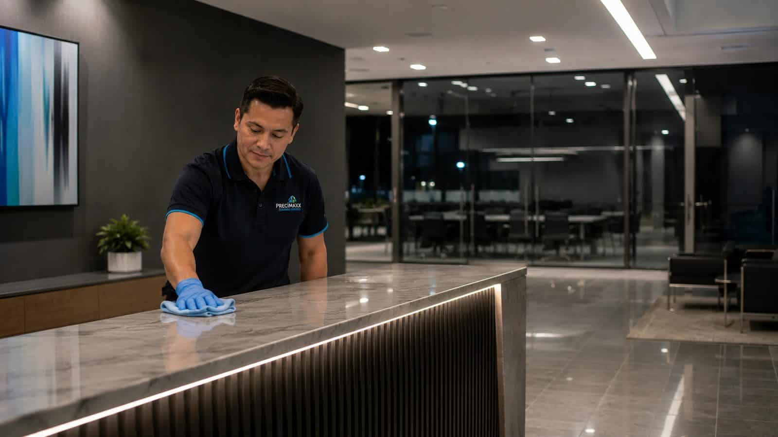 Cleaner sanitising a marble reception counter in a Joondalup government office after hours
