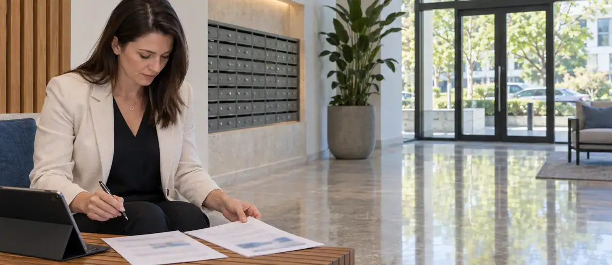 Perth property manager reviewing strata cleaning proposals on site